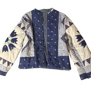 Handmade Quilt Coat Upcycled Patchwork Open Front Blue Shacket Jacket Floral